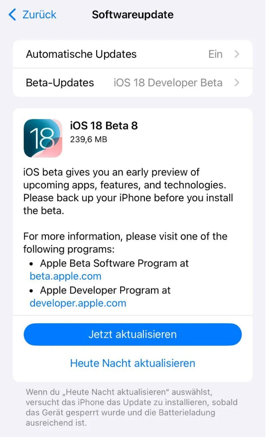 明水苹果手机维修分享苹果 iOS / iPadOS 18 开发者预览版 Beta 8 发布 